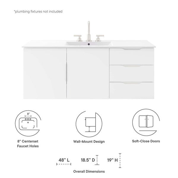 Modway Furniture Vitality 48" Single Sink Bathroom Vanity - Modern Wall-Mounted Design with Spacious Storage Solutions White White EEI-5784-WHI-WHI
