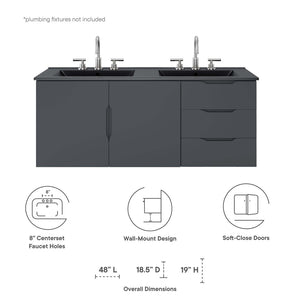 Modway Furniture Vitality 48" Double Sink Bathroom Vanity - Modern Wall-Mount Design with Ample Storage Space Gray Black EEI-5785-GRY-BLK