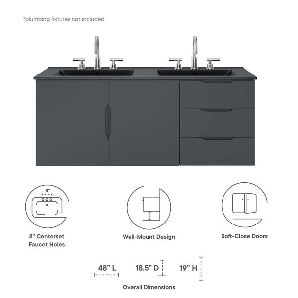 Modway Furniture Vitality 48" Double Sink Bathroom Vanity - Modern Wall-Mount Design with Ample Storage Space Gray Black EEI-5785-GRY-BLK