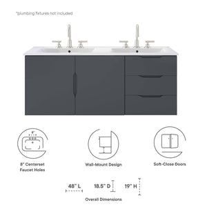 Modway Furniture Vitality 48" Double Sink Bathroom Vanity - Modern Wall-Mount Design with Ample Storage Space Gray White EEI-5785-GRY-WHI