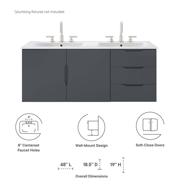 Modway Furniture Vitality 48" Double Sink Bathroom Vanity - Modern Wall-Mount Design with Ample Storage Space Gray White EEI-5785-GRY-WHI