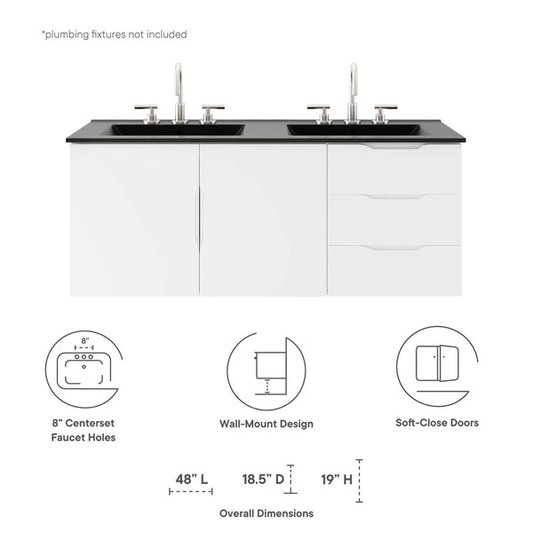 Modway Furniture Vitality 48" Double Sink Bathroom Vanity - Modern Wall-Mount Design with Ample Storage Space White Black EEI-5785-WHI-BLK