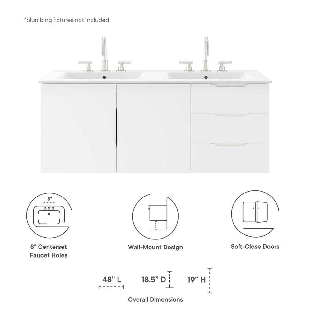 Modway Furniture Vitality 48" Double Sink Bathroom Vanity - Modern Wall-Mount Design with Ample Storage Space White White EEI-5785-WHI-WHI