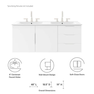 Modway Furniture Vitality 48" Double Sink Bathroom Vanity - Modern Wall-Mount Design with Ample Storage Space White White EEI-5785-WHI-WHI
