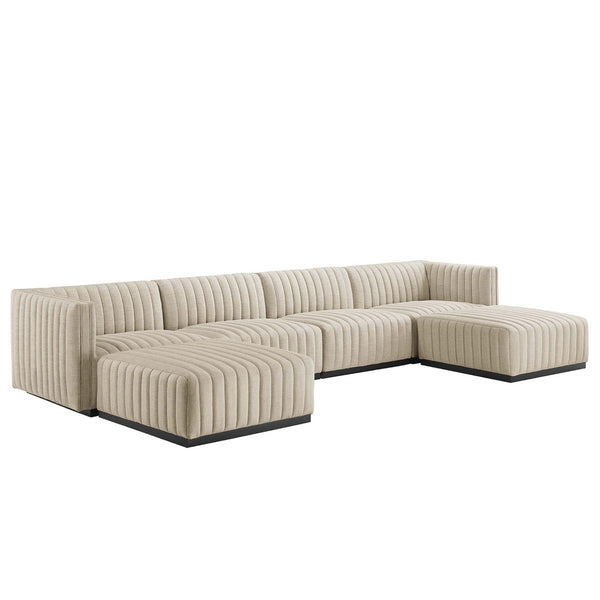 Modway Furniture Conjure 6-Piece Modular Channel Tufted Sectional Sofa – Vintage Style with Modern Comfort in Black Beige EEI-5790-BLK-BEI