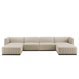 Modway Furniture Conjure 6-Piece Modular Channel Tufted Sectional Sofa – Vintage Style with Modern Comfort in Black Beige EEI-5790-BLK-BEI