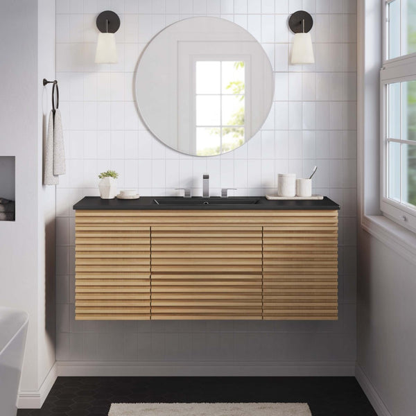 Modway Furniture Render 48" Wall-Mount Bathroom Vanity - Mid-Century Modern Design with Smart Storage Solutions Oak Black EEI-5801-OAK-BLK