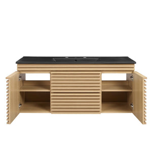 Modway Furniture Render 48" Wall-Mount Bathroom Vanity - Mid-Century Modern Design with Smart Storage Solutions Oak Black EEI-5801-OAK-BLK