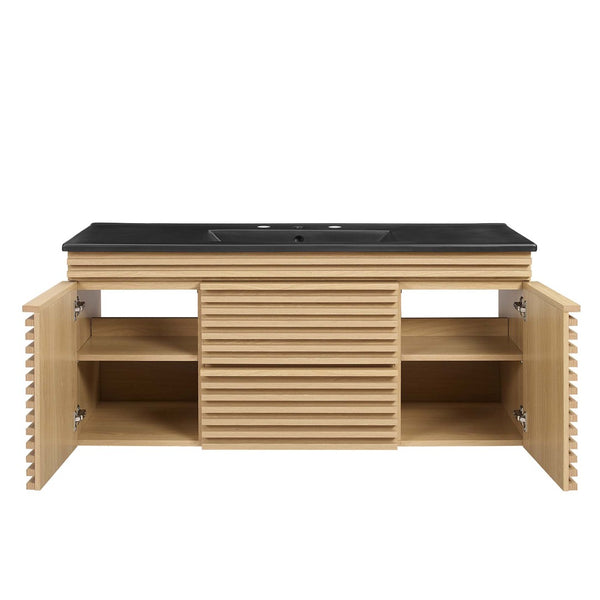 Modway Furniture Render 48" Wall-Mount Bathroom Vanity - Mid-Century Modern Design with Smart Storage Solutions Oak Black EEI-5801-OAK-BLK