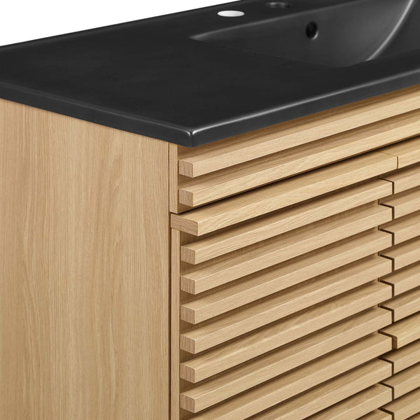 Modway Furniture Render 48" Wall-Mount Bathroom Vanity - Mid-Century Modern Design with Smart Storage Solutions Oak Black EEI-5801-OAK-BLK