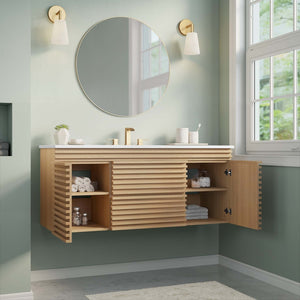 Modway Furniture Render 48" Wall-Mount Bathroom Vanity - Mid-Century Modern Design with Smart Storage Solutions Oak White EEI-5801-OAK-WHI