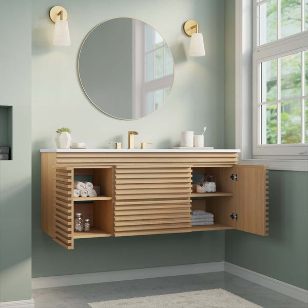 Modway Furniture Render 48" Wall-Mount Bathroom Vanity - Mid-Century Modern Design with Smart Storage Solutions Oak White EEI-5801-OAK-WHI