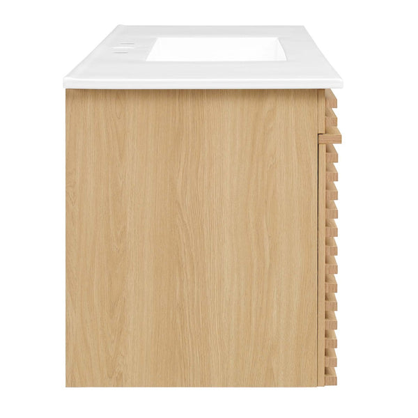Modway Furniture Render 48" Wall-Mount Bathroom Vanity - Mid-Century Modern Design with Smart Storage Solutions Oak White EEI-5801-OAK-WHI