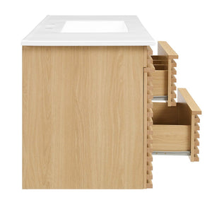 Modway Furniture Render 48" Wall-Mount Bathroom Vanity - Mid-Century Modern Design with Smart Storage Solutions Oak White EEI-5801-OAK-WHI