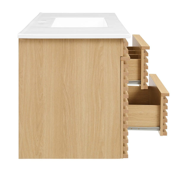 Modway Furniture Render 48" Wall-Mount Bathroom Vanity - Mid-Century Modern Design with Smart Storage Solutions Oak White EEI-5801-OAK-WHI