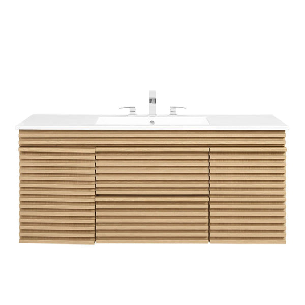 Modway Furniture Render 48" Wall-Mount Bathroom Vanity - Mid-Century Modern Design with Smart Storage Solutions Oak White EEI-5801-OAK-WHI