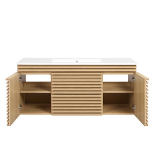 Modway Furniture Render 48" Wall-Mount Bathroom Vanity - Mid-Century Modern Design with Smart Storage Solutions Oak White EEI-5801-OAK-WHI