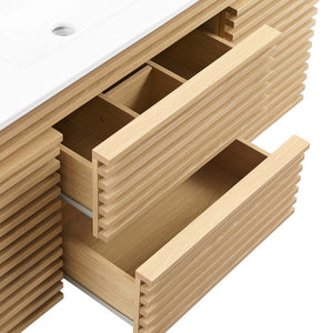 Modway Furniture Render 48" Wall-Mount Bathroom Vanity - Mid-Century Modern Design with Smart Storage Solutions Oak White EEI-5801-OAK-WHI