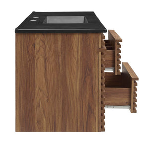 Modway Furniture Render 48" Wall-Mount Bathroom Vanity - Mid-Century Modern Design with Smart Storage Solutions Walnut Black EEI-5801-WAL-BLK