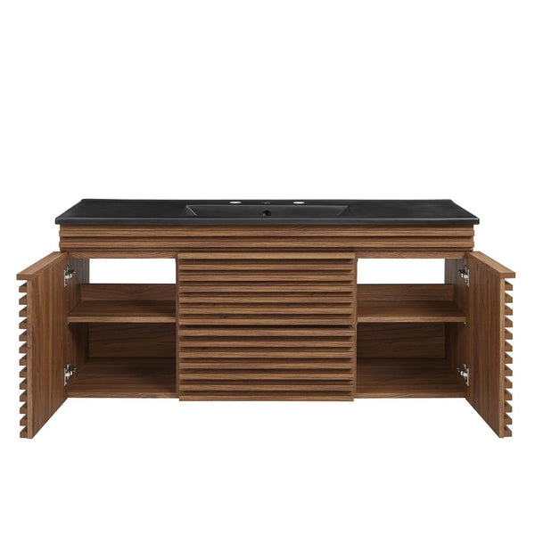 Modway Furniture Render 48" Wall-Mount Bathroom Vanity - Mid-Century Modern Design with Smart Storage Solutions Walnut Black EEI-5801-WAL-BLK