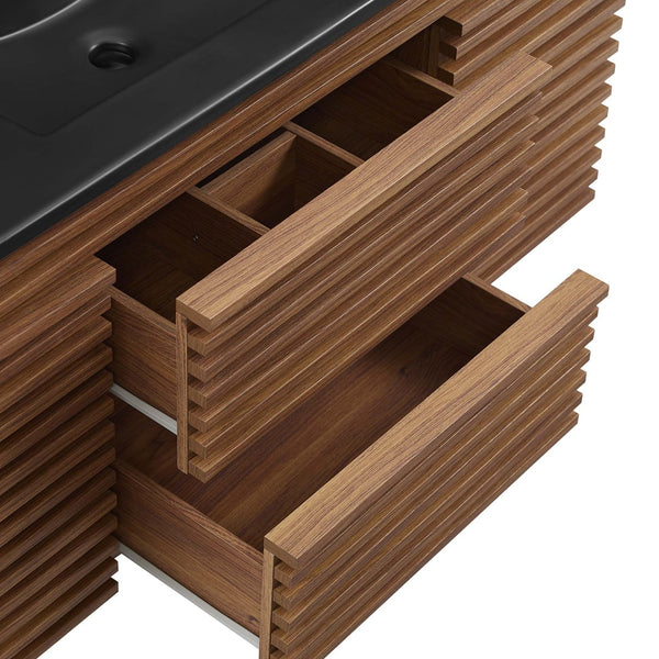 Modway Furniture Render 48" Wall-Mount Bathroom Vanity - Mid-Century Modern Design with Smart Storage Solutions Walnut Black EEI-5801-WAL-BLK