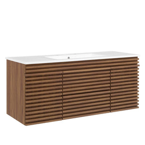 Modway Furniture Render 48" Wall-Mount Bathroom Vanity - Mid-Century Modern Design with Smart Storage Solutions Walnut White EEI-5801-WAL-WHI