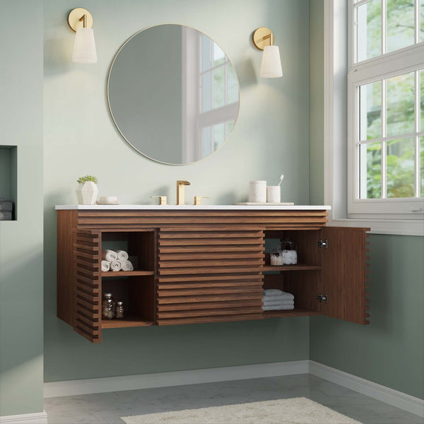 Modway Furniture Render 48" Wall-Mount Bathroom Vanity - Mid-Century Modern Design with Smart Storage Solutions Walnut White EEI-5801-WAL-WHI