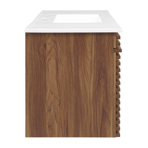 Modway Furniture Render 48" Wall-Mount Bathroom Vanity - Mid-Century Modern Design with Smart Storage Solutions Walnut White EEI-5801-WAL-WHI