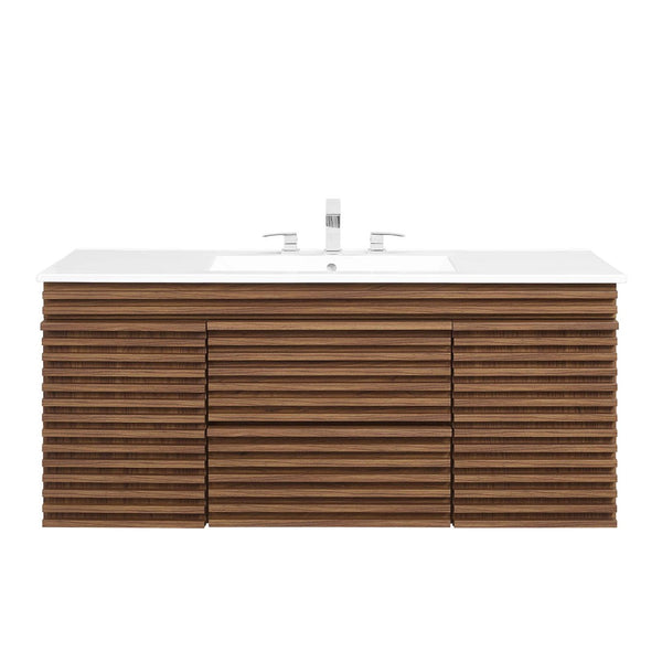 Modway Furniture Render 48" Wall-Mount Bathroom Vanity - Mid-Century Modern Design with Smart Storage Solutions Walnut White EEI-5801-WAL-WHI