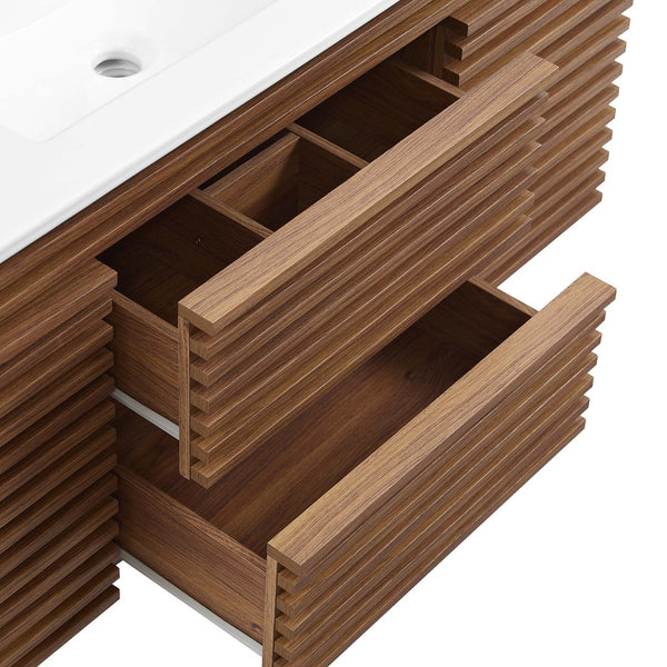 Modway Furniture Render 48" Wall-Mount Bathroom Vanity - Mid-Century Modern Design with Smart Storage Solutions Walnut White EEI-5801-WAL-WHI