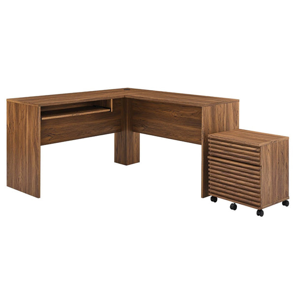 Modway Furniture Render L-Shaped Wood Desk & Rolling File Cabinet Set - Mid-Century Walnut Finish for Home Office EEI-5821-WAL