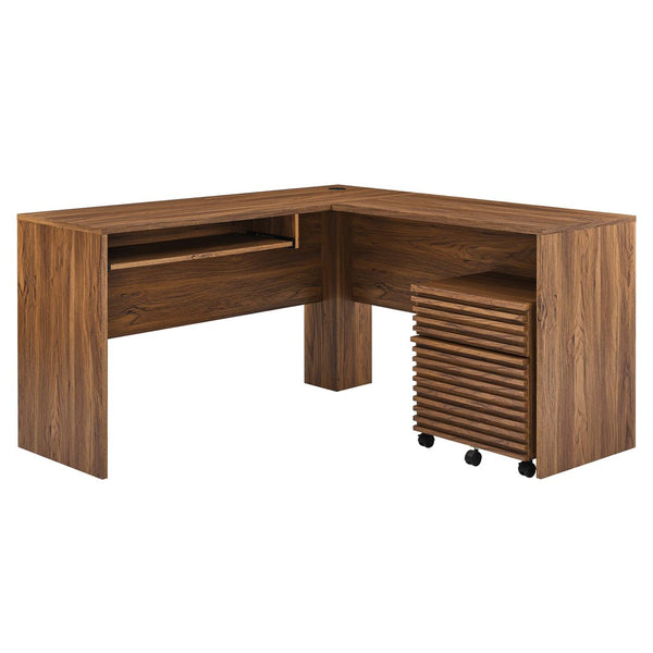 Modway Furniture Render L-Shaped Wood Desk & Rolling File Cabinet Set - Mid-Century Walnut Finish for Home Office EEI-5821-WAL