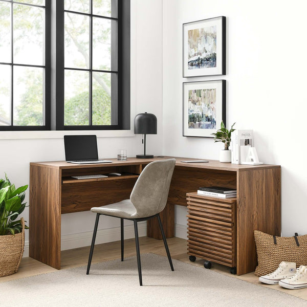 Modway Furniture Render L-Shaped Wood Desk & Rolling File Cabinet Set - Mid-Century Walnut Finish for Home Office EEI-5821-WAL
