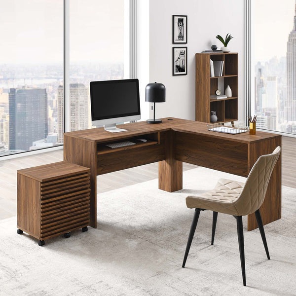 Modway Furniture Render L-Shaped Wood Desk & Rolling File Cabinet Set - Mid-Century Walnut Finish for Home Office EEI-5821-WAL