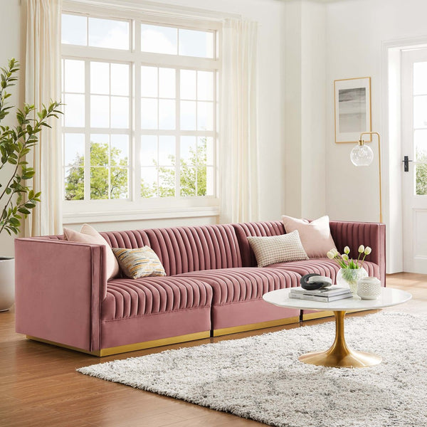 Modway Furniture Sanguine Channel Tufted Modular Sectional Sofa - Luxurious Performance Velvet with Gold Base Elegance Dusty Rose EEI-5825-DUS