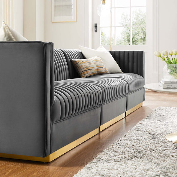 Modway Furniture Sanguine Channel Tufted Modular Sectional Sofa - Luxurious Performance Velvet with Gold Base Elegance Gray EEI-5825-GRY