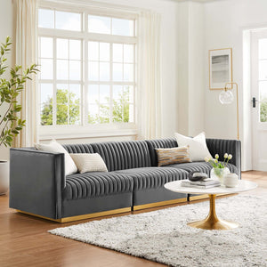 Modway Furniture Sanguine Channel Tufted Modular Sectional Sofa - Luxurious Performance Velvet with Gold Base Elegance Gray EEI-5825-GRY