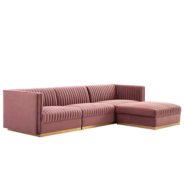Modway Furniture Sanguine 4-Piece Channel Tufted Performance Velvet Modular Sectional Sofa with Gold Base Elegance Dusty Rose EEI-5826-DUS