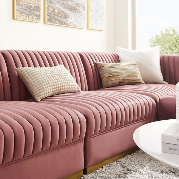 Modway Furniture Sanguine 4-Piece Channel Tufted Performance Velvet Modular Sectional Sofa with Gold Base Elegance Dusty Rose EEI-5826-DUS