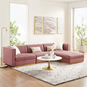 Modway Furniture Sanguine 4-Piece Channel Tufted Performance Velvet Modular Sectional Sofa with Gold Base Elegance Dusty Rose EEI-5826-DUS