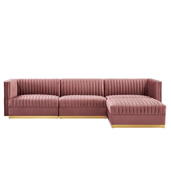 Modway Furniture Sanguine 4-Piece Channel Tufted Performance Velvet Modular Sectional Sofa with Gold Base Elegance Dusty Rose EEI-5826-DUS