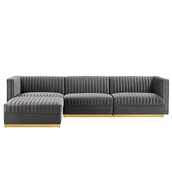 Modway Furniture Sanguine 4-Piece Channel Tufted Performance Velvet Modular Sectional Sofa with Gold Base Elegance Gray EEI-5826-GRY