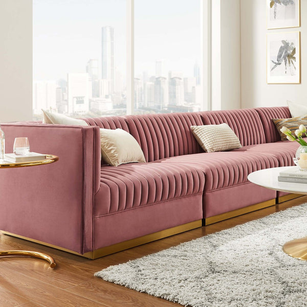 Modway Furniture Sanguine Channel Tufted Modular Sectional Sofa - Glamorous Performance Velvet for Stylish Living Spaces Dusty Rose EEI-5827-DUS