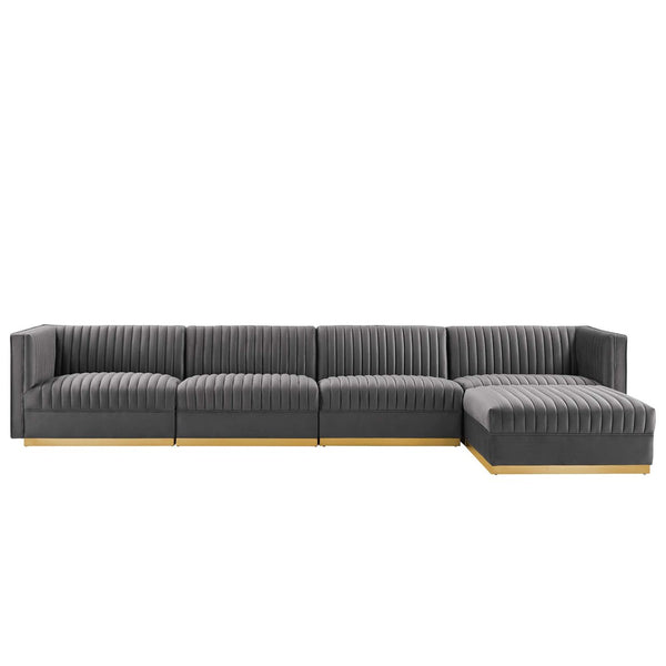 Modway Furniture Sanguine 5-Piece Modular Sectional Sofa with Performance Velvet and Gold Base for Modern Living Rooms Gray EEI-5828-GRY