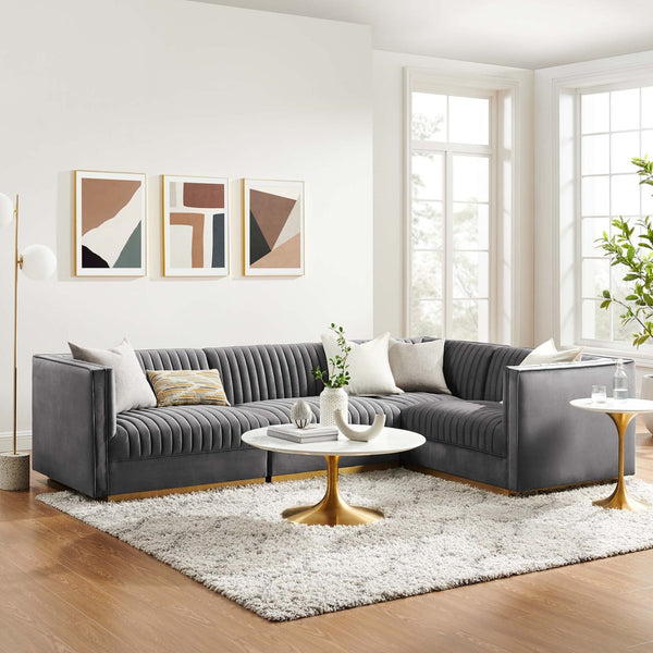 Modway Furniture Sanguine Modular Sectional Sofa - 4-Piece Performance Velvet, Channel Tufted Comfort & Style in Gray EEI-5829-GRY