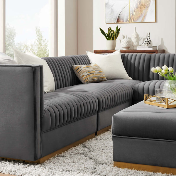 Modway Furniture Sanguine 5-Piece Modular Sectional Sofa in Luxurious Performance Velvet with Gold Accents - Gray EEI-5831-GRY