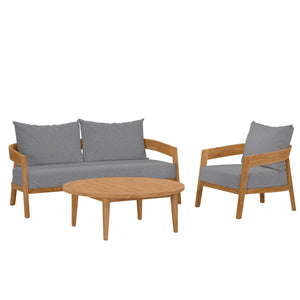 Modway Furniture Brisbane 3-Piece Teak Wood Outdoor Patio Set with Plush Cushions for Stylish Al Fresco Living Natural Gray EEI-5834-NAT-GRY