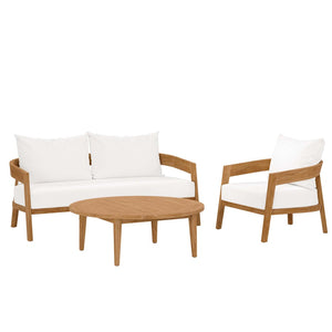 Modway Furniture Brisbane 3-Piece Teak Wood Outdoor Patio Set with Plush Cushions for Stylish Al Fresco Living Natural White EEI-5834-NAT-WHI