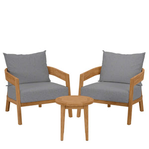 Modway Furniture Brisbane 3-Piece Teak Wood Outdoor Patio Set for Elegant Entertaining with Plush Cushions & Durability Natural Gray EEI-5835-NAT-GRY