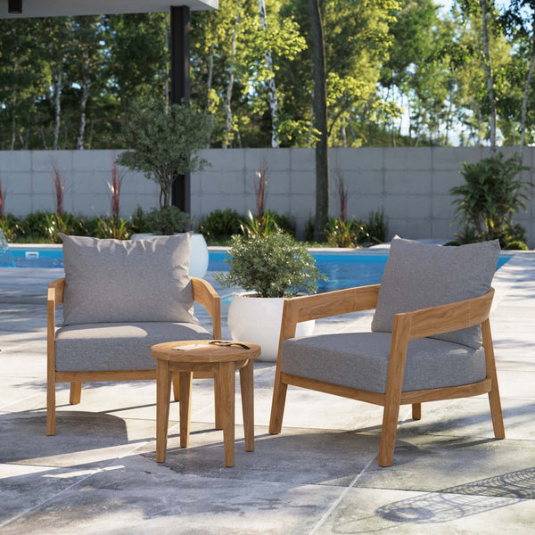 Modway Furniture Brisbane 3-Piece Teak Wood Outdoor Patio Set for Elegant Entertaining with Plush Cushions & Durability Natural Gray EEI-5835-NAT-GRY